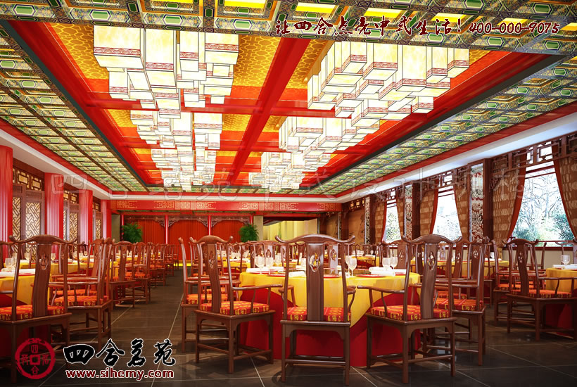 色彩與中式線條的組合運用 中式酒店餐廳裝修設計效果圖