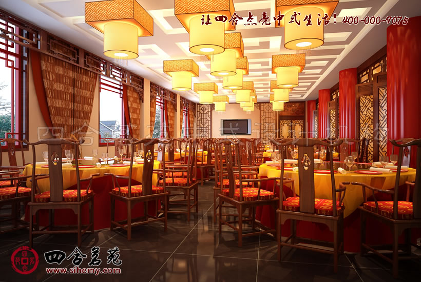 古韻古香的色彩和古典造型 中式酒店餐廳裝修設計大廳效果圖